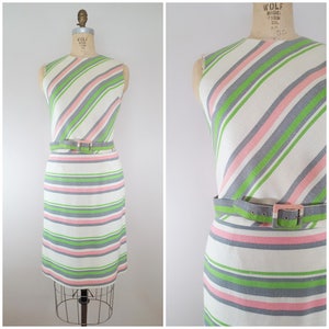 Vintage 1960s Striped Linen Skirt Set / Two Piece Summer Set / Small Medium