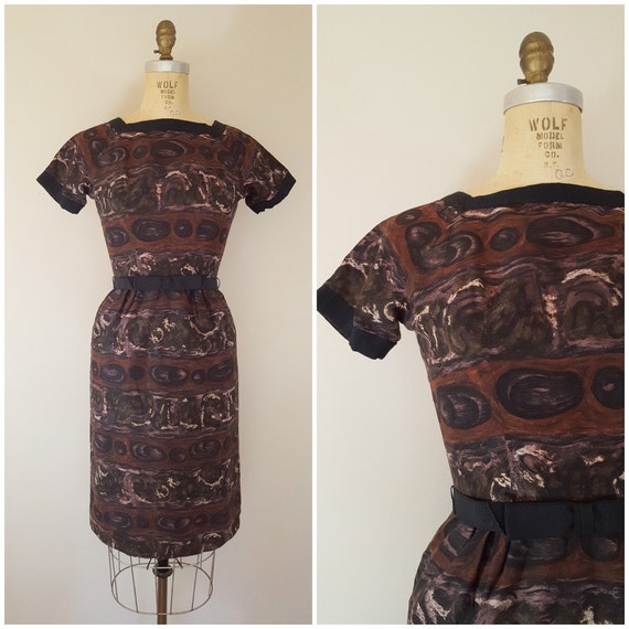 Vintage 1950s L'Aiglon Wiggle Dress / Brown Abstra