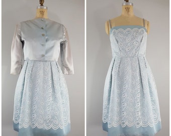 Vintage 1950s 1960s Cocktail Dress / Icy Blue Satin Party Dress / Jacket and Dress / Small Medium