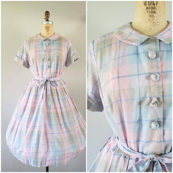 Vintage 1950s Dress / Pastel Plaid / Day Dress / S