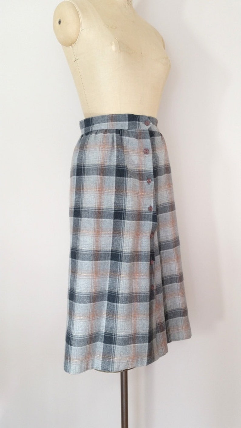 1960s Grey Plaid Wool Skirt // Vintage 60s A-Line Skirt // Small Medium image 2