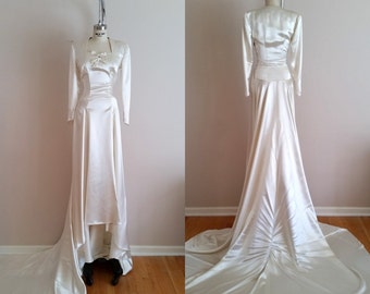 Vintage 1930s Silk Satin Wedding Dress / 30s Wedding Dress / Ivory / Long Sleeves / Petite Wedding Dress / XXS