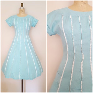 Vintage 1950s Dress / Aqua Blue Cotton Dress / Ruffled Lace Trim / SMALL