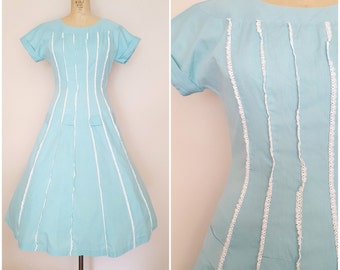 Vintage 1950s Dress / Aqua Blue Cotton Dress / Ruffled Lace Trim / SMALL