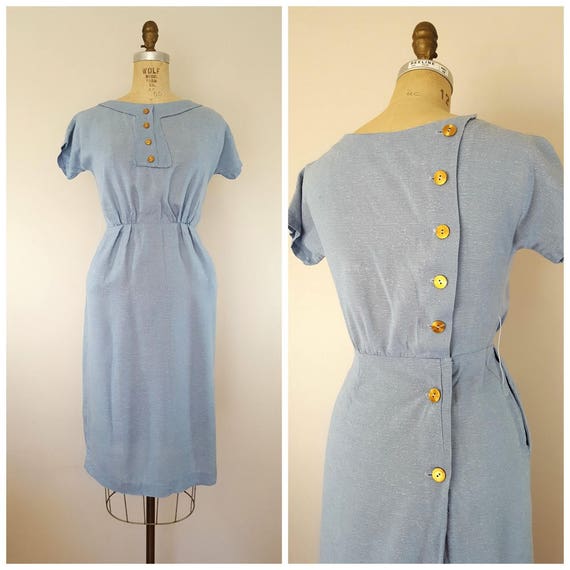 Vintage 1960s Dress / Baby Blue Linen Dress / Fit… - image 1