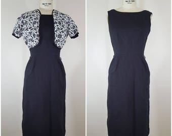 Vintage 1960s zwarte jurk en jas/uitgerust jurk/wiggle jurk/XS