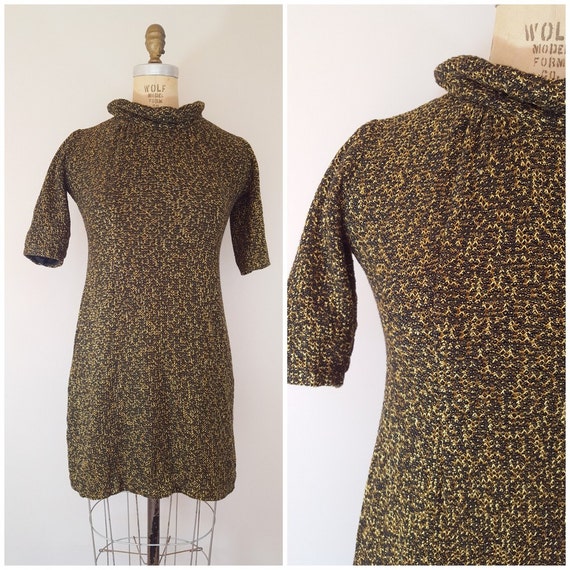Vintage 1960s Gold and Black Knit Dress / Soft St… - image 1
