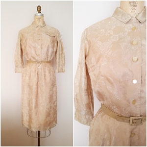 Vintage 1970s Gold Dress / Shirtwaist / Floral Print Dress / Small-Medium