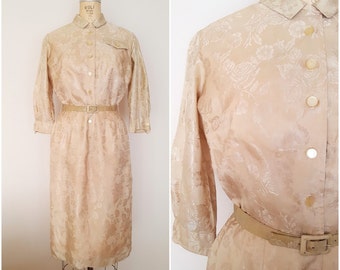 Vintage 1970er Jahre Gold Kleid / Shirtwaist / Floral Print Kleid / klein-Medium