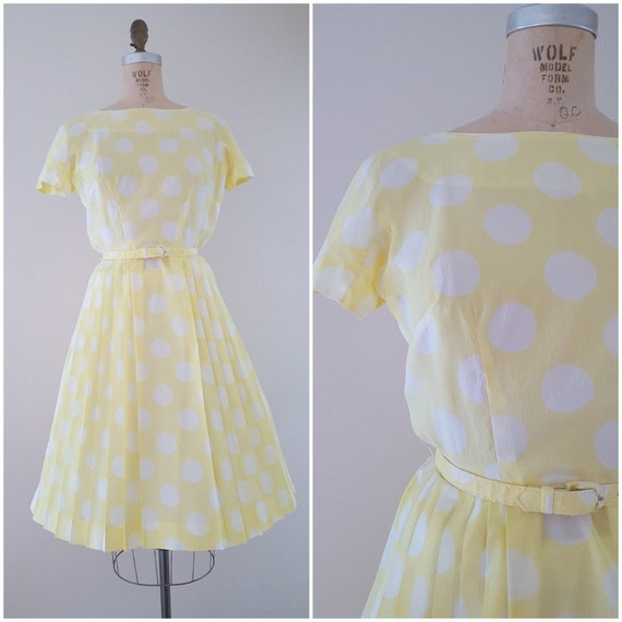 Vintage 1960s Dress / Yellow and White Polka Dots
