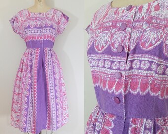 1950s Purple Cotton Day Dress • EGYPTIAN DRESS • Vintage 50s Novelty Print Dress • Medium