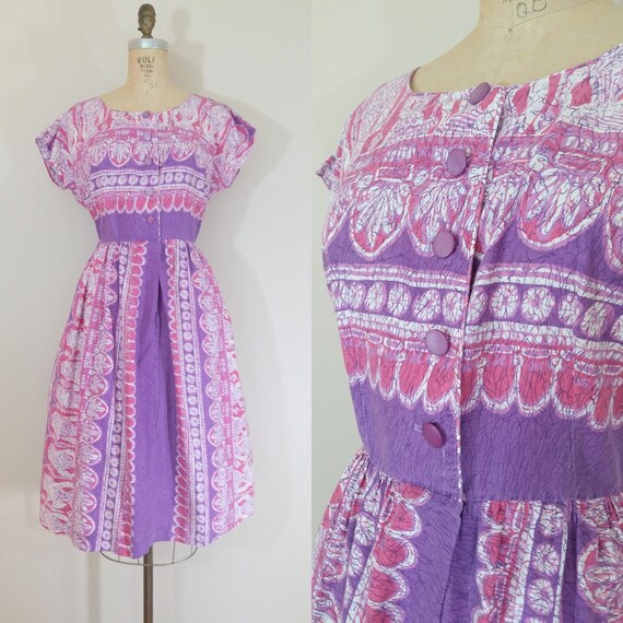 1950s Purple Cotton Day Dress • EGYPTIAN DRESS • V
