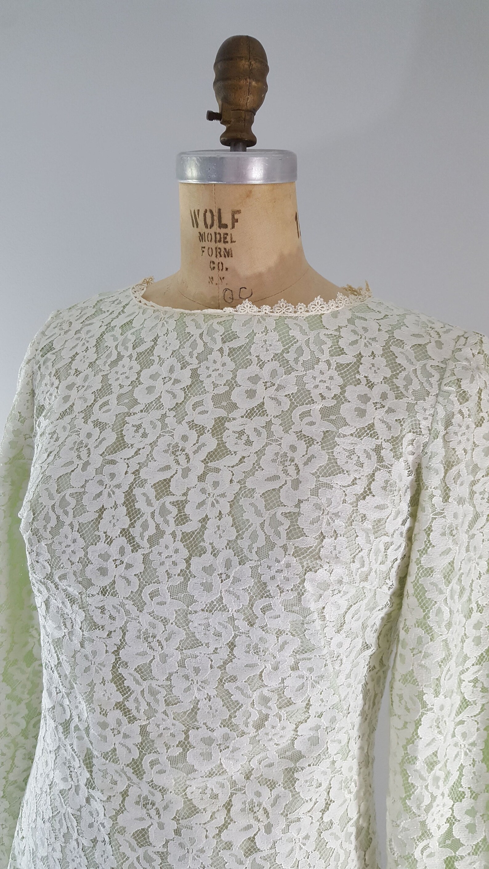 Robe Vintage Verte Et Blanche à Dentelle - Taille M - Longueur Genou