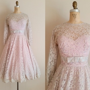 Vintage 1950s Lace Wedding Dress / Long Sleeves / Lace Cocktail Dress / Grey Lace