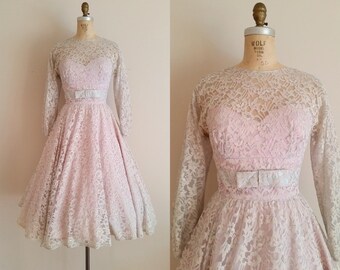 Vintage 1950s Lace Wedding Dress / Long Sleeves / Lace Cocktail Dress / Grey Lace
