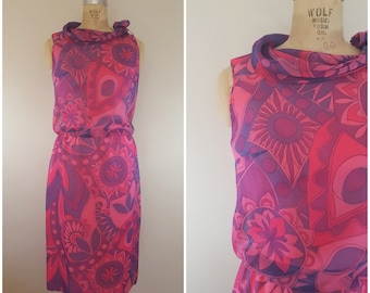 Vintage 1960s Dress / Fuchsia Psychedelic Print / Chiffon / Small Medium
