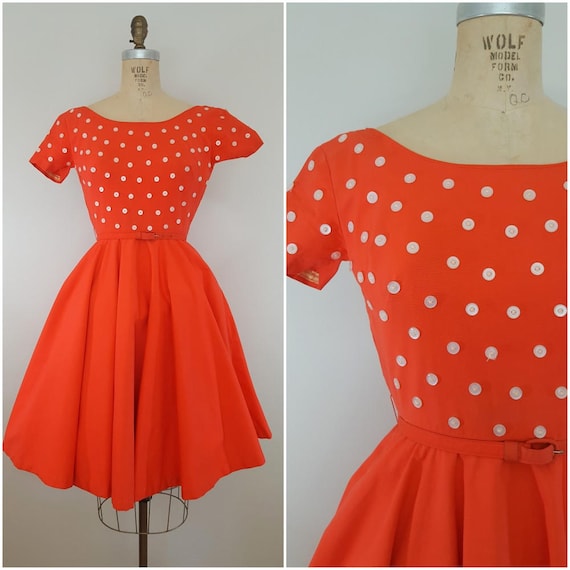 Vintage 1950s Dress / Tangerine Button Dress / XS