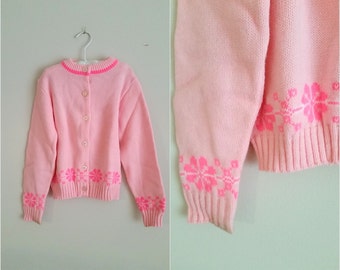 Vintage 1960s Girls Pink Sweater / Cardigan / Size 7 / Pink Snowflakes
