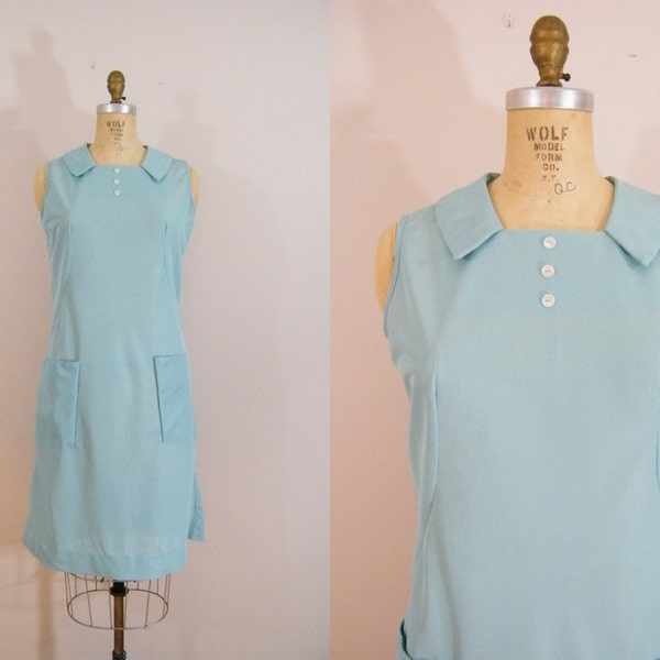 Vintage 1960s Blue Shift Dress / Sleeveless