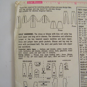 May include: A sewing pattern for a girls' dress, blouse, jumper, skirt, and pants. The pattern includes instructions for making a bias roll collar, patch pockets, and a side zipper. The pattern is for sizes 35" to 45" and includes 14 pieces.