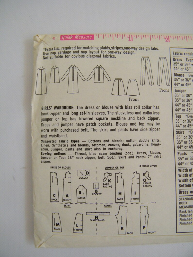 May include: A sewing pattern for a girls' dress, blouse, jumper, skirt, and pants. The pattern includes instructions for making a bias roll collar, patch pockets, and a side zipper. The pattern is for sizes 35" to 45" and includes 14 pieces.
