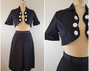 1960s Carol Brent Skirt Set / Mod Black Cropped Jacket and Skirt / Small