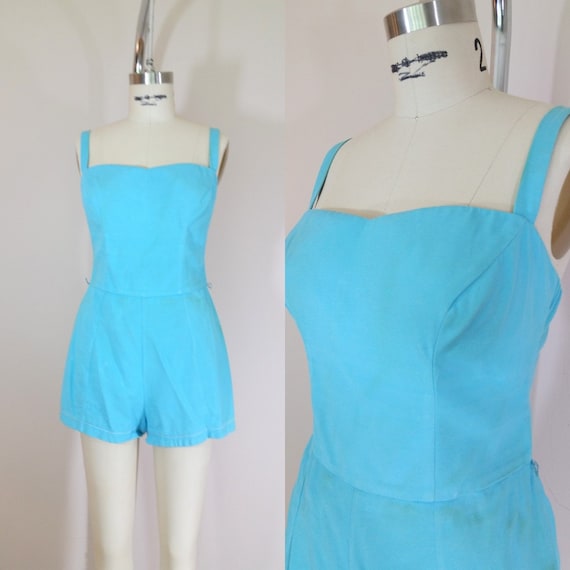 1950s Swimsuit • Aqua Blue Vintage 50s Bathing Su… - image 1