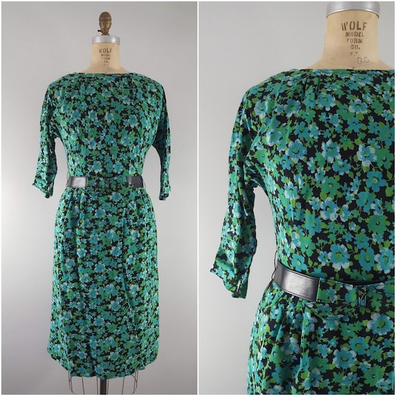Vintage 1960s Green Floral Dress / Vintage 60s Dr… - image 1