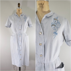 Vintage 1950s Dress / Vintage Ann Taylor Dress / Day Dress / Blue Stripes / Small Medium