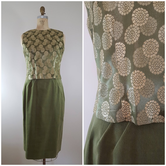 Vintage 1960s Skirt and Blouse Set / Olive Velvet… - image 1