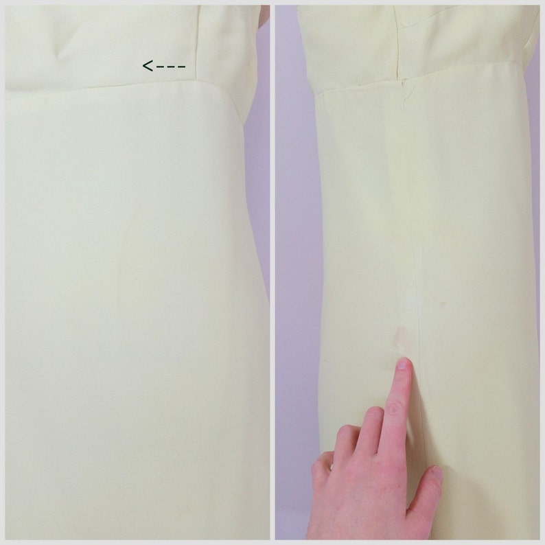 Puede incluir: Un vestido amarillo p&aacute;lido con una costura en el lateral. El vestido tiene una ligera mancha en la costura lateral.