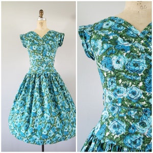 Vintage 1950s Dress / Teal Floral Dress / Vintage 50s Dress / Small