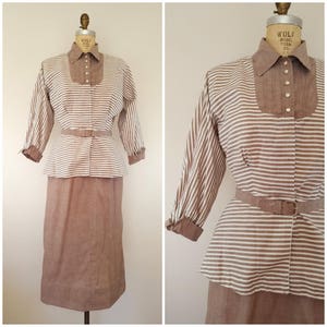 Vintage 1940s Peplum Suit / Brown Striped Suit / 40s Suit / Small Medium