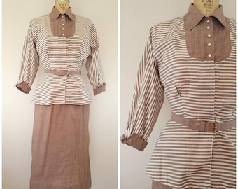 Vintage 1940s Peplum Suit / Brown Striped Suit / 40s Suit / Small Medium