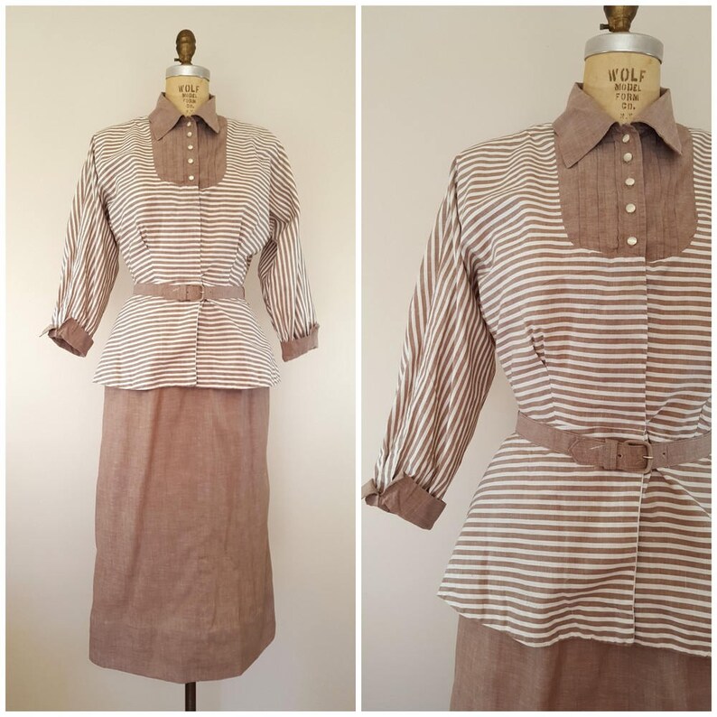 Vintage 1940s Peplum Suit / Brown Striped Suit / 40s Suit / Small Medium image 1