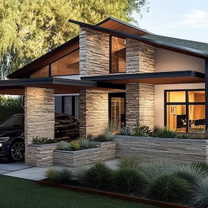 May include: Modern home with a stone facade, a carport, and a dark-colored car parked underneath. The house features large windows, a sloped roof, and a well-manicured lawn with landscaping.