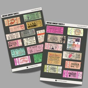 Hojas de pegatinas de entradas de conciertos vintage: recuerdos de bandas de rock retro