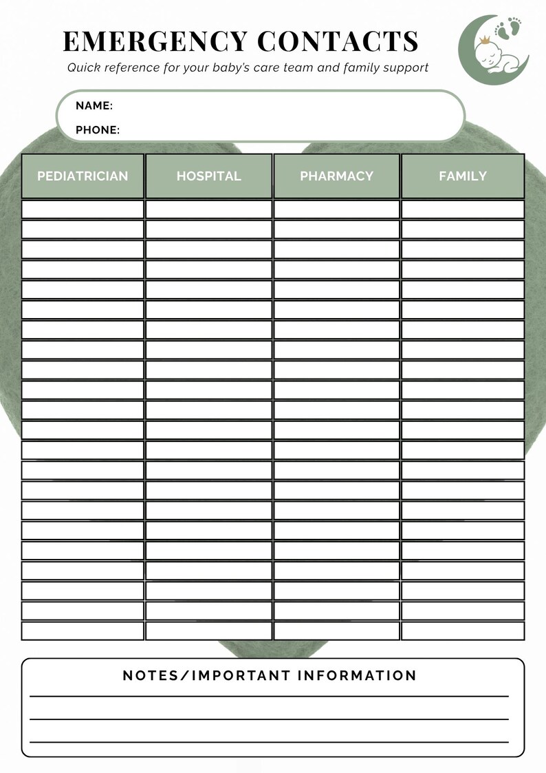Baby Emergency Contact Sheet Printable | NICU Family Info (PDF) - Etsy ...