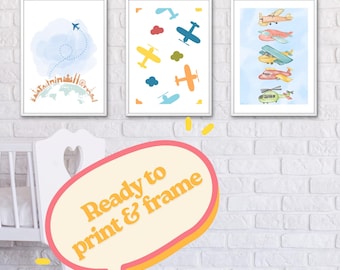Láminas de aviones vintage para habitación infantil: Decoración para habitación de niño (descarga digital)