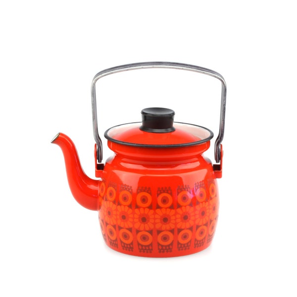 Mid Century Vintage Finel Arabia Orange / Red Daisy Enamel Kettle Teapot - Kaj Franck /Raija Uosikkinen..