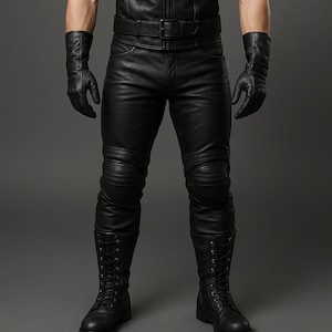Men's Slim Fit Leather Biker Pants: Handmade Genuine Cowhide