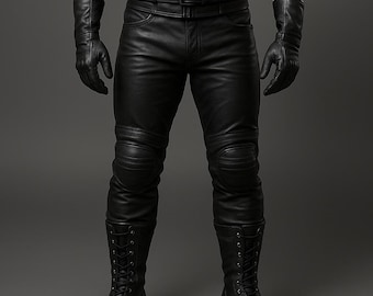 Men's Slim Fit Leather Biker Pants: Handmade Genuine Cowhide