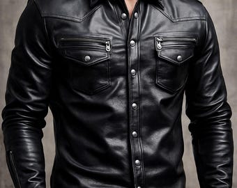 Camicia da uomo in vera pelle di agnello – Giacca in morbida pelle di agnello con bottoni e tasche con cerniera