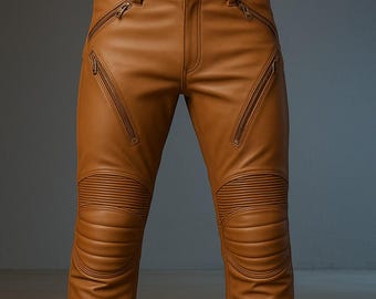 メンズ スリムフィット レザー バイカーパンツ：本牛革 ジッパー付き