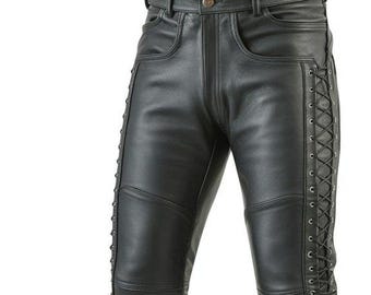 Men's Black Cowhide Leather Pants: Gothic Biker Lace-Up Slim Fit