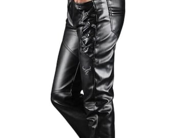 Handmade Black Cowhide Leather Biker Pants with Side Laces
