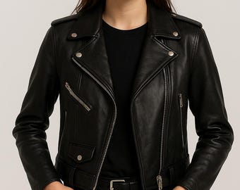 Damen Distressed Black Echtleder Motorradjacke Handgefertigte Vintage Biker Style Jacke.