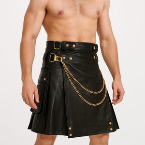 Men’s Black Cow Leather Utility Kilt with Gold Chain  Scottish Kilts Warrior Traditional Kilts Utility Gothic Kilts LARP – Gothic Punk Kilt
