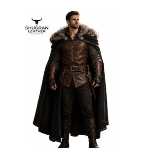 May include: A brown leather vest and matching pants are worn with a black cape and fur collar. The outfit includes a belt, gauntlets, and boots. The logo "SHUGRAN LEATHER" is visible in the upper left corner.