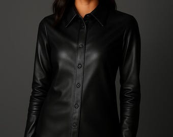 Genuine Lambskin Leather Shirt: Slim Fit Button-Up Top